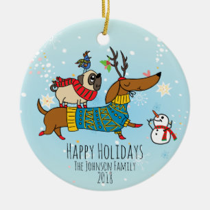 Dachshund, Pug & Bird Helgdag Ceramic Ornament