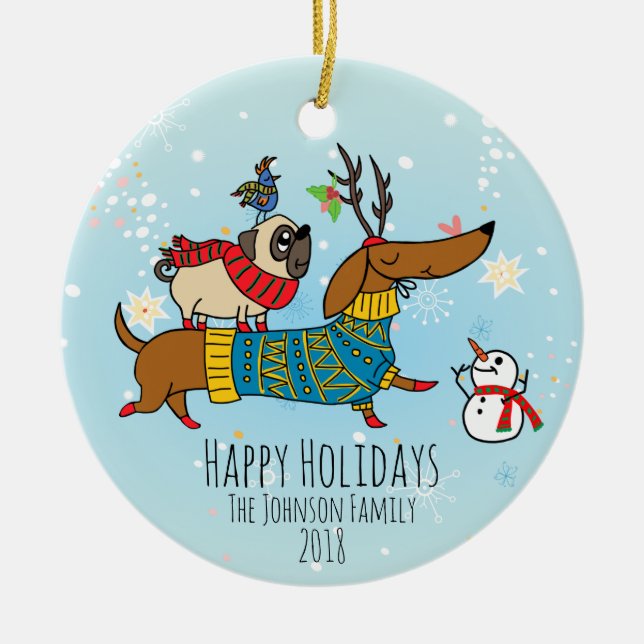 Dachshund, Pug & Fågel Holiday Keramisk Ornament (Framsidan)