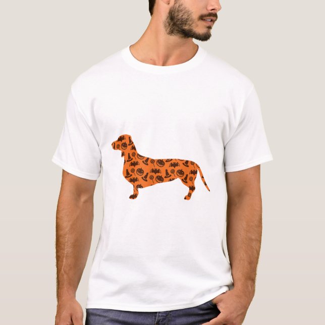 Dachshund Pumpkin Witch Fladdermus Funny Spooky Ha T Shirt (Framsida)