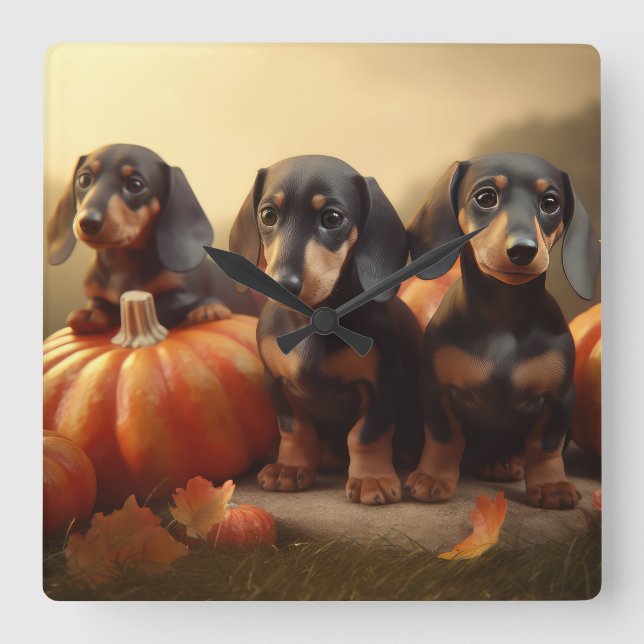 Dachshund Puppy Autumn Delight Pumpkin Fyrkantig Klocka (Framsida)