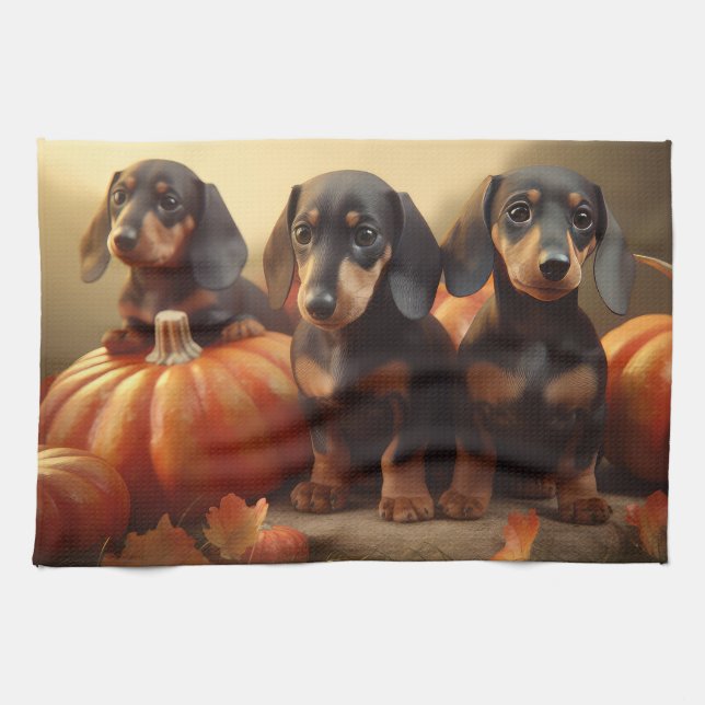 Dachshund Puppy Autumn Delight Pumpkin Kökshandduk (Horisontell)