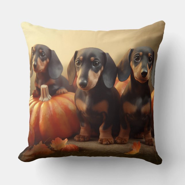 Dachshund Puppy Autumn Delight Pumpkin Kudde (Framsida)