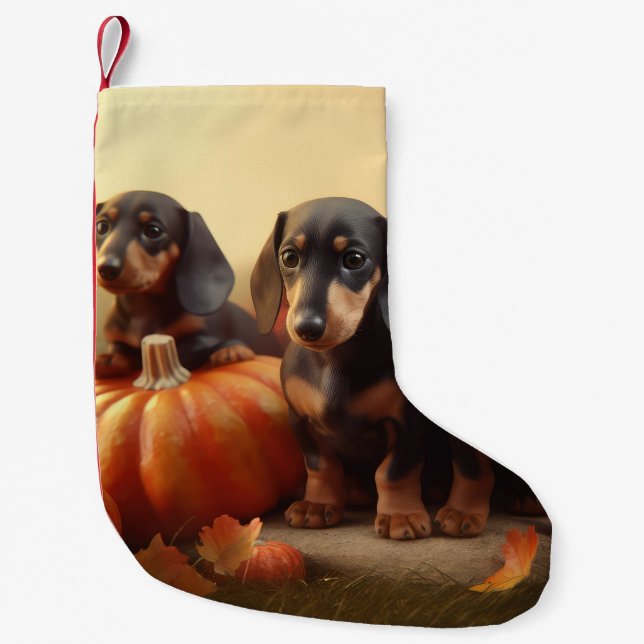 Dachshund Puppy Autumn Delight Pumpkin Liten Julstrumpa (Framsidan)