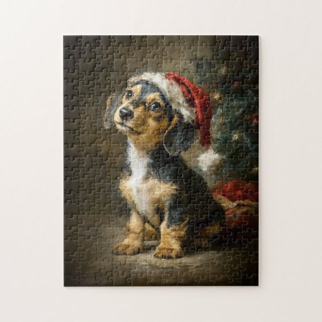 Dachshund Puppy Christmas Painting Pussel (Vertikal)