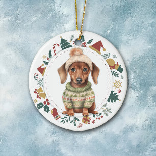 Dachshund Puppy i Vintersöt jul Julgransprydnad Keramik