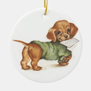 Dachshund puppy med brev julgransprydnad keramik