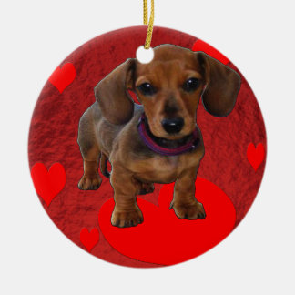 DACHSHUND Puppy med Hearts Julgransprydnad Keramik