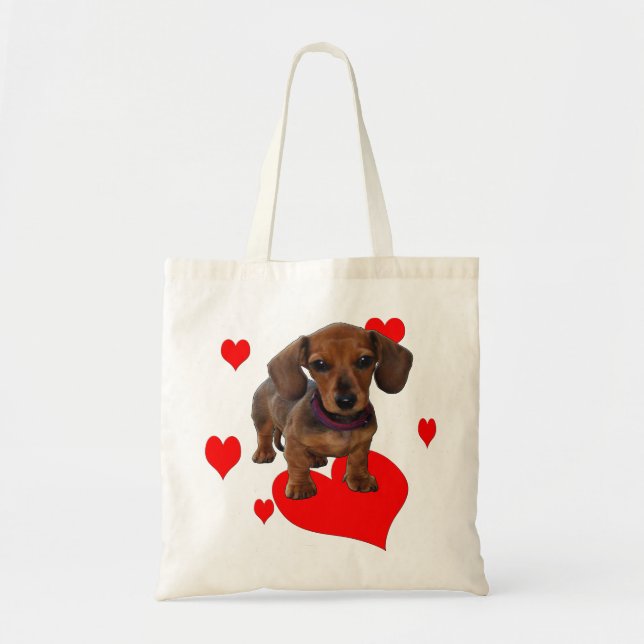 DACHSHUND Puppy med Hearts Tygkasse (Framsidan)