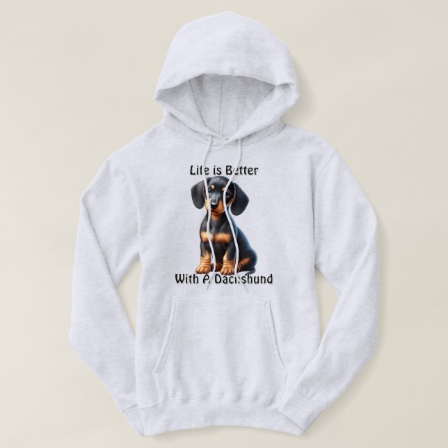 Dachshund Puppy Sitta och Tittar med ocent Hoodie (Design framsida)