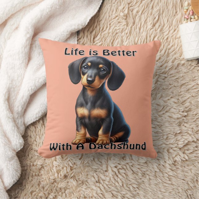 Dachshund Puppy Sitta och Tittar med ocent Kudde (Filt)