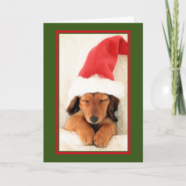 DACHSHUND PUPPY SLEEPY CHRISTMAS CARD HELGKORT (Framsida)