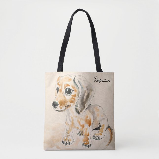 Dachshund Puppy Vatten Färg Art Tote Bag Tygkasse (Framsida)