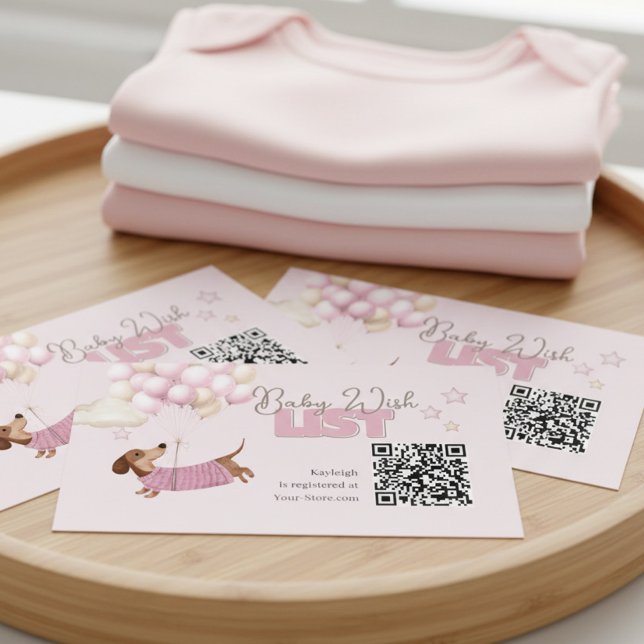 Dachshund QR Code Baby Registry Website Pink Tilläggskort (Dachshund Teenie Weenie QR Code Card - Girl Baby Shower stationery.)