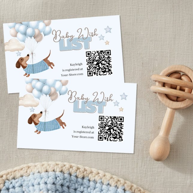 Dachshund QR-kod Bebis registerväxel Blå Tilläggskort (Baby Shower QR Code Registry cards. Dachshund and balloons design in blue and beige)