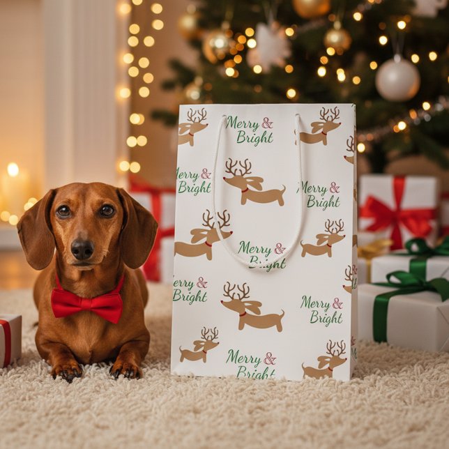 Dachshund Reindeer jul Gift Bag Merry Doxie (Wiener dog Christmas gift bag - Merry & Bright)