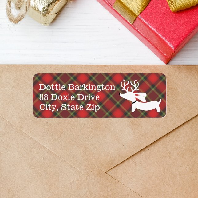 Dachshund Reindeer Plade Julens Adressetiketter Returadress Etikett (Plaid dachshund Christmas card address label)