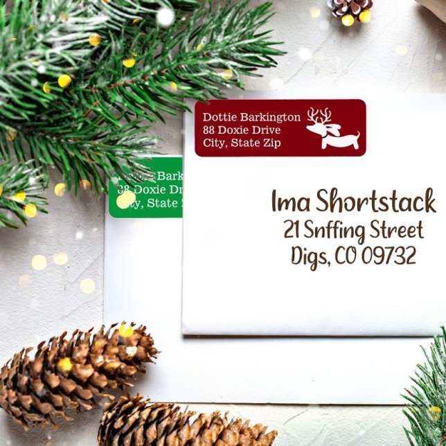 Dachshund Reindeer Red-julen Adressetiketters Returadress Etikett (Wiener dog Christmas reindeer return address labels)