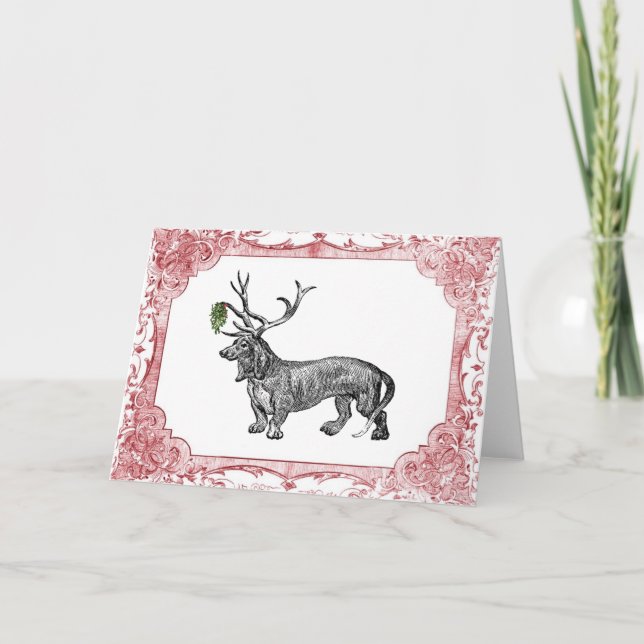 Dachshund Reindeer w/ Mistletoe Vintage jul Helgkort (Framsida)