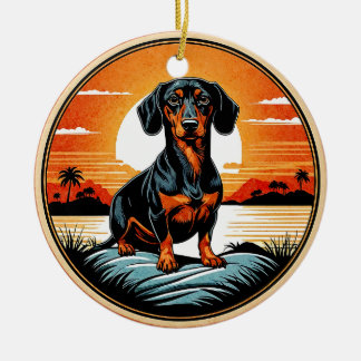 Dachshund Retro Solnedgång Hundälskare Julgransprydnad Keramik