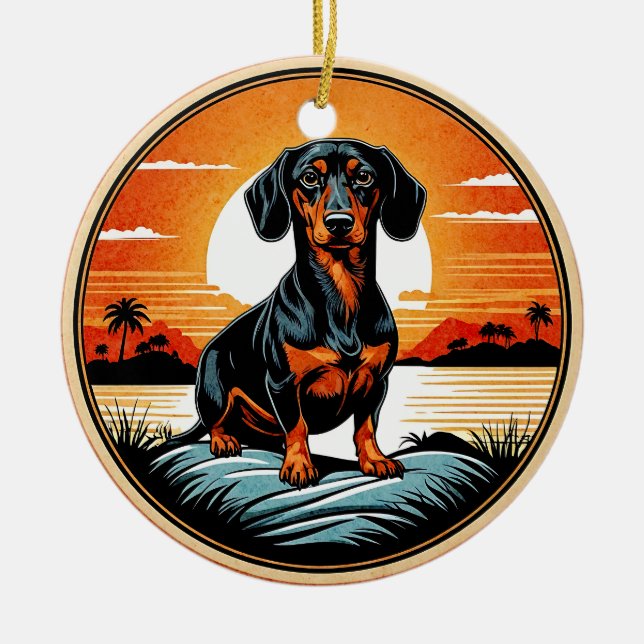 Dachshund Retro Sunset Dog Lover Julgransprydnad Keramik (Framsidan)
