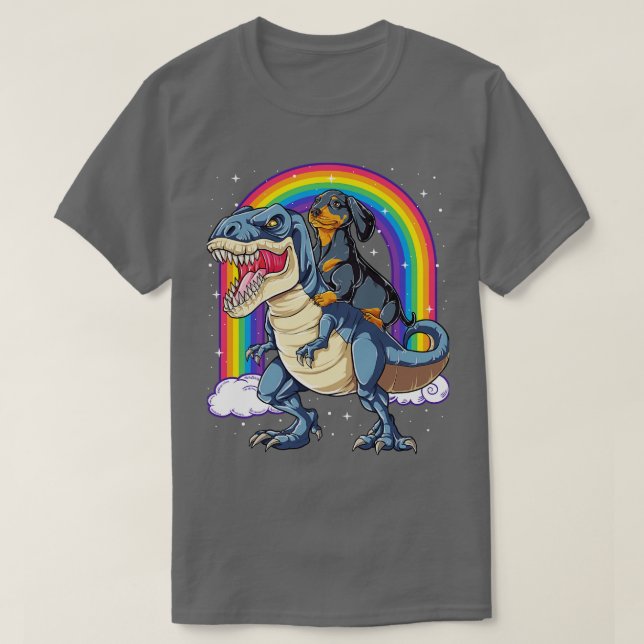 Dachshund Riding Dinosaur T rex för manar Women Bo T Shirt (Design framsida)