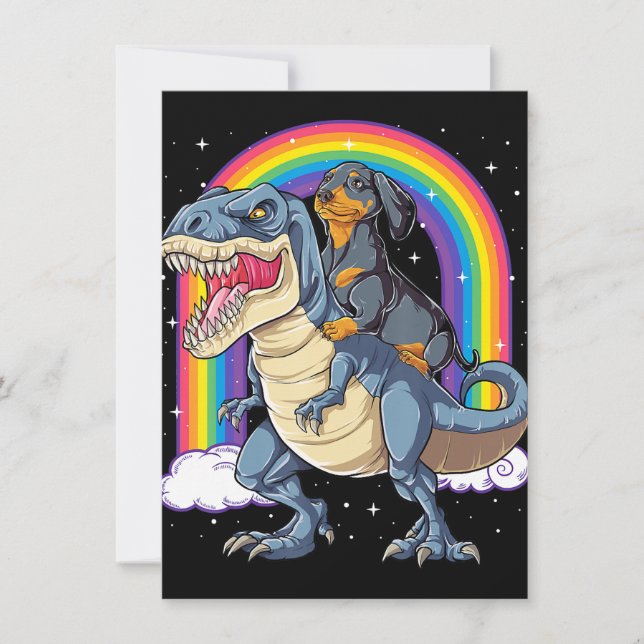 Dachshund Riding Dinosaur t Rex presenterar pojkar Inbjudningar (Framsida)