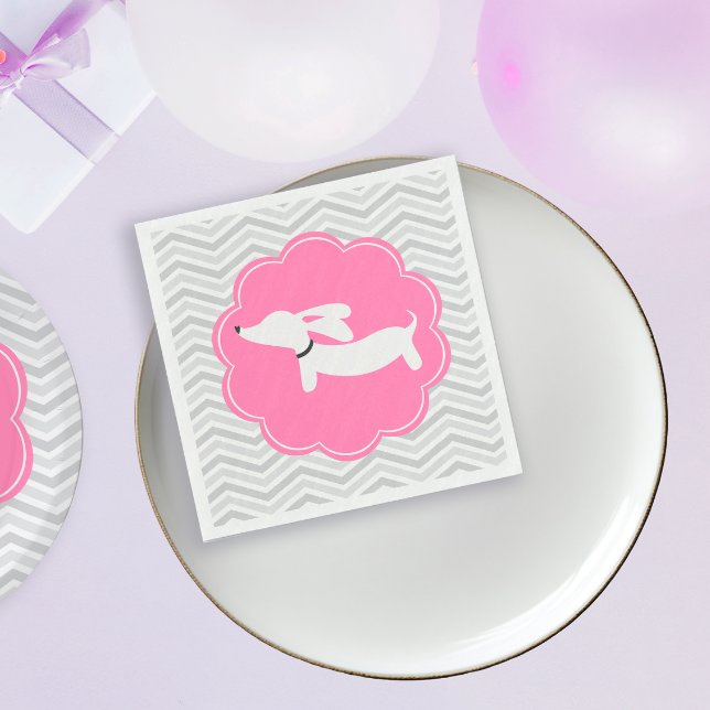 Dachshund Rosa Baby Shower Party Servetter (Pink dachshund party supplies - cute doxie baby shower paper napkins)
