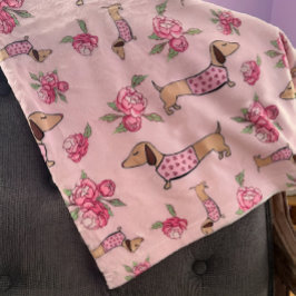 Dachshund Rosa Blommigt Blanket Wiener Hund Kärlek Fleecefilt