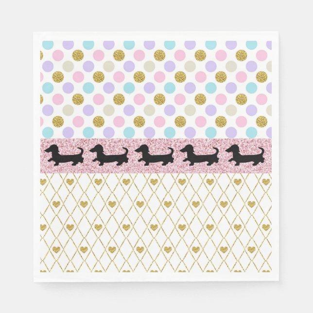 Dachshund Rosa Guld Glitter Hearts Pappra blöjor Pappersservett (Framsidan)