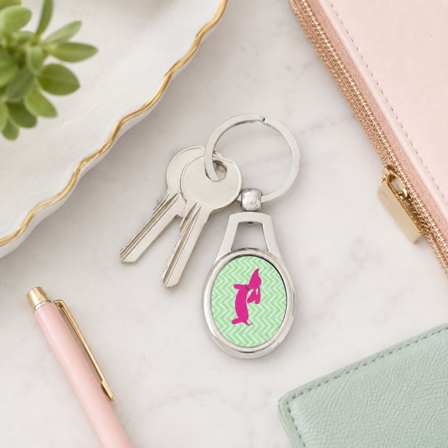 Dachshund Rosa och Grön Nyckelring (Dachshund Pink and Green Key Ring)