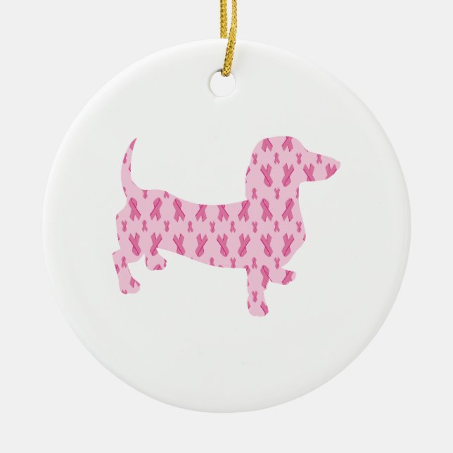 Dachshund Rosa Ribbon for Cancer Julgransprydnad Keramik (Framsidan)
