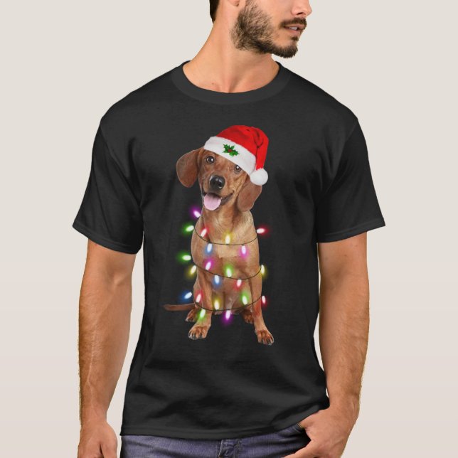 Dachshund Santa Christmas Tree Lights Xmas T Shirt (Framsida)