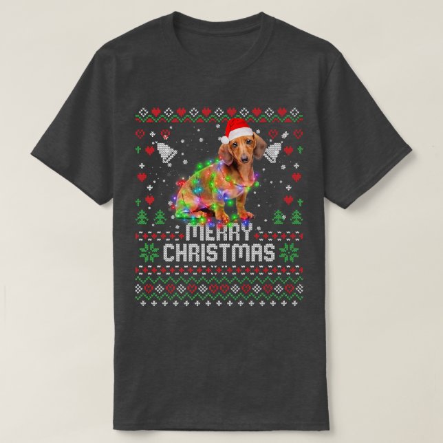 Dachshund Santa Hat Hund Julgran Ljus Holi T Shirt (Design framsida)