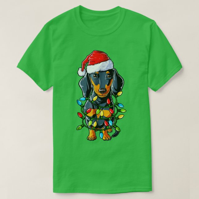 Dachshund Santa Hat jul Ljus Lycklig Helgdag T Shirt (Design framsida)