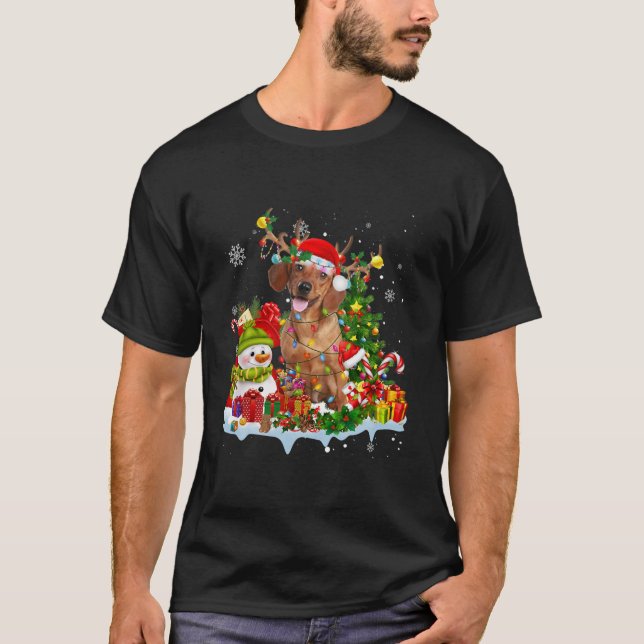 Dachshund Santa Hat Reindeer jul Ljus T Shirt (Framsida)