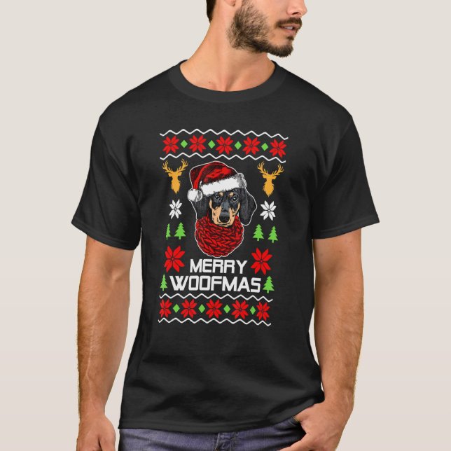 Dachshund Santa Hat Ugly jul Sweater Helgdag T Shirt (Framsida)