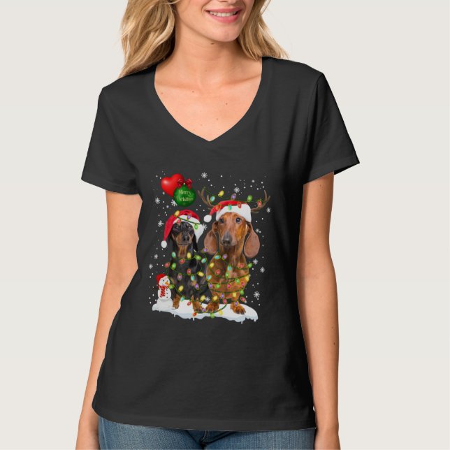 Dachshund  Santa Light Reindeer Hat in Snow Christ T Shirt (Framsida)