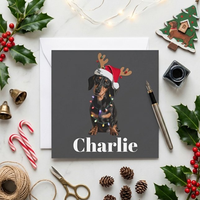 Dachshund Santa mössa julbelysning namn design Julkort (Skapare uppladdad)