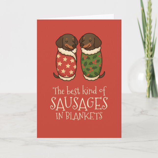 Dachshund Sausages in Blankets jul Helgkort (Framsida)