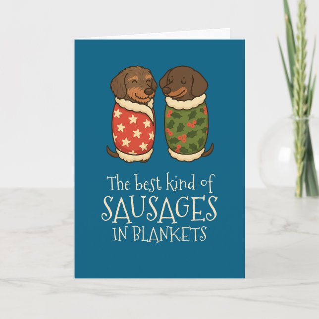 Dachshund Sausages in Blankets jul Helgkort (Framsida)