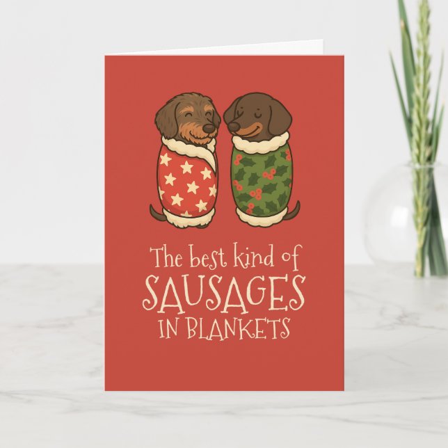 Dachshund Sausages in Blankets jul Helgkort (Framsida)