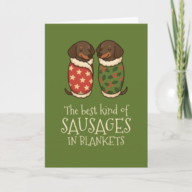 Dachshund Sausages in Blankets jul Helgkort (Framsida)
