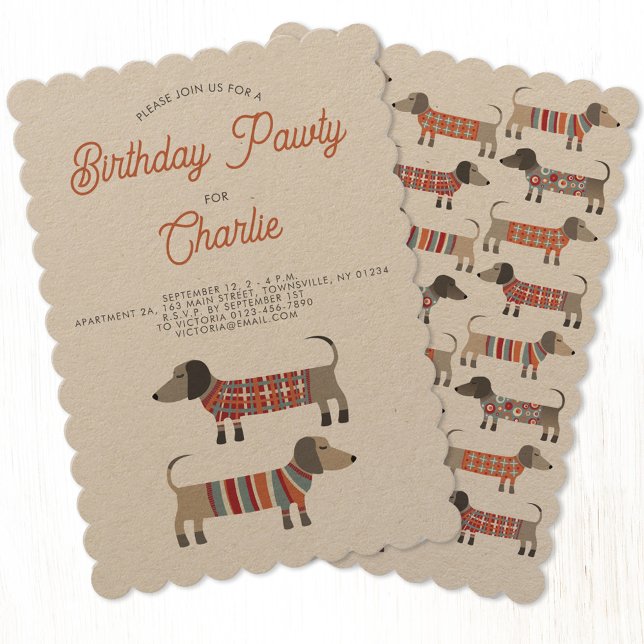 Dachshund Sause Hund Birthday Pawty Inbjudningar (Fun Dachshund Wiener Sausage Dog personalized party invitation)