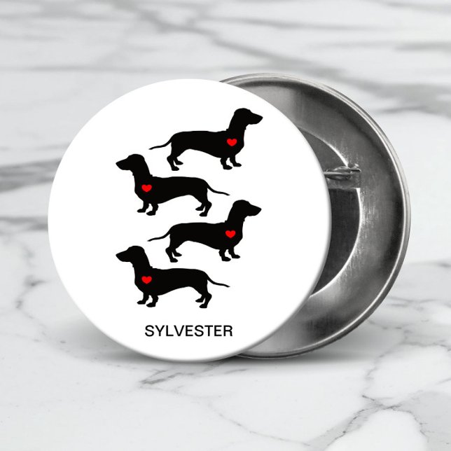 Dachshund Sause Hund Heart Monogram Namn Knapp (Add a Name to personalize, or add other text, or remove if not required.)