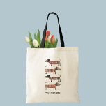Dachshund Sause Hund Personlig Tygkasse<br><div class="desc">Roligt lille Dachshund Sause eller Wiener hundar på mysiga stickkläder. Perfekt för hundälskare. Originalkonst av Nic Squirrell. Ändra namn för att anpassa.</div>