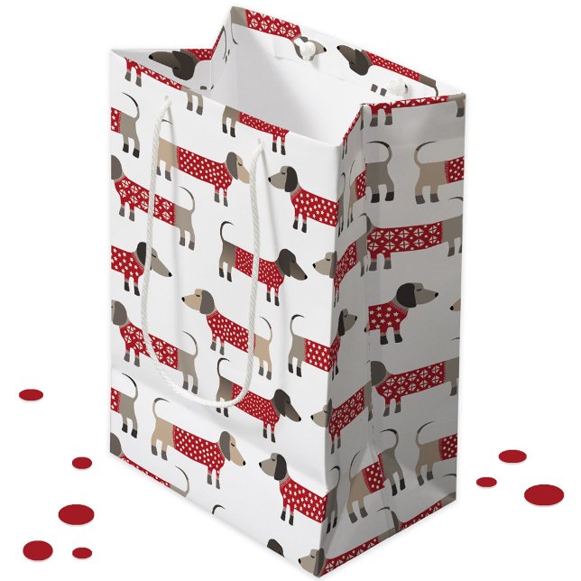 Dachshund Sause Wiener Hund Helgdag (Gift bag featuring festive Dachshund Sausage Wiener Dogs in red and white knitwear)