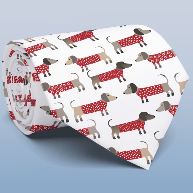 Dachshund Sause Wiener Hund Helgdag Slips (Festive Dachshund Sausage Wiener Dogs in red and white knitwear on a tie )