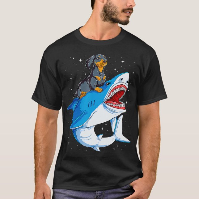 Dachshund Shark Kids Boys Manar Space Galaxy Jawso T Shirt (Framsida)