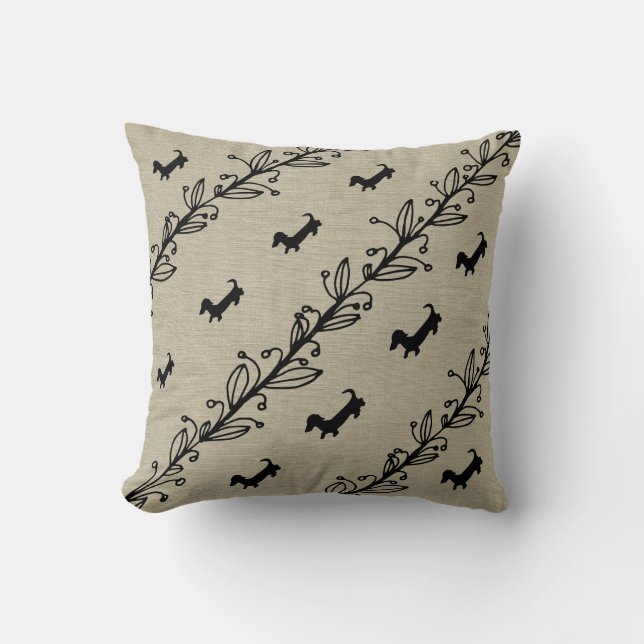 Dachshund Silhouette Hand plockade Flowers Pillow Kudde (Framsida)