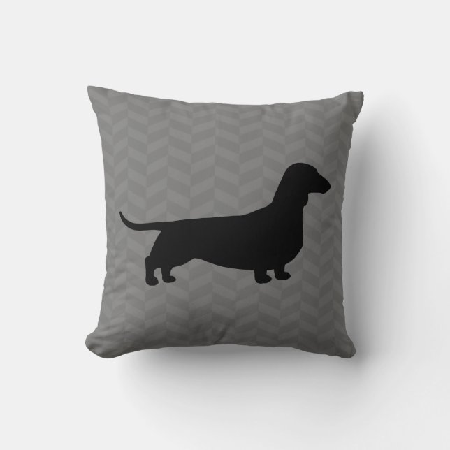 Dachshund Silhouette på Grått Herringbone Mönster Kudde (Framsida)